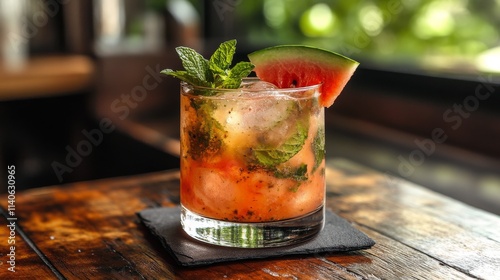 Refreshing watermelon mint drink served in a glass on a rustic wooden table