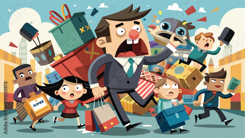 Frantic shopping rush in a vibrant urban marketplace filled with excited children and chaotic gifts