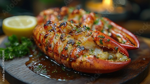 Two grilled lobster tails on a wooden platter with lemon and parsley. photo