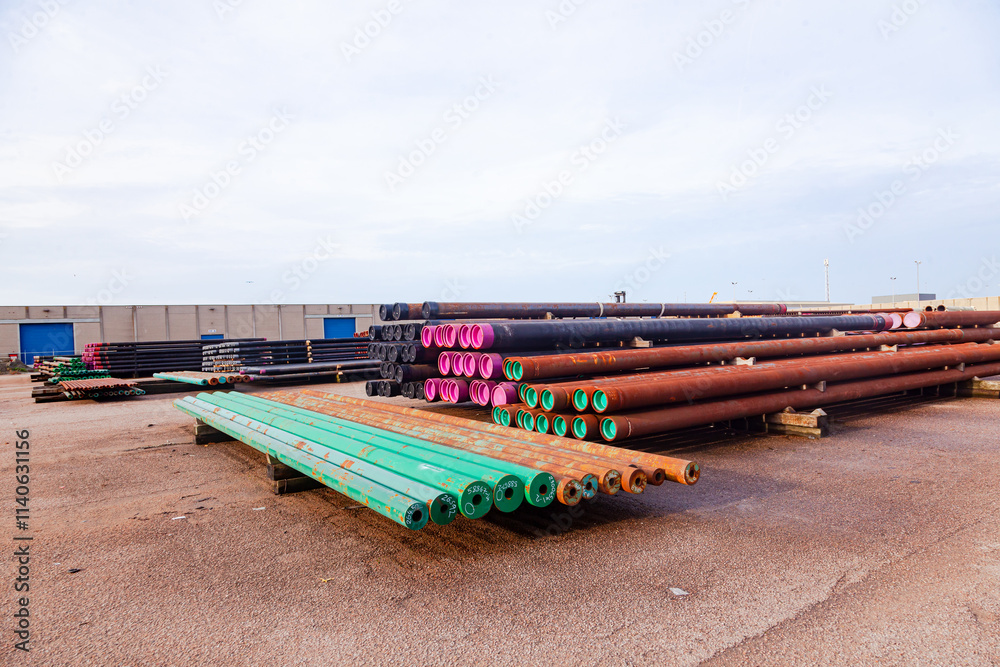 Φωτογραφία Open warehouse for storing steel pipes of various diameters on the territory of the seaport