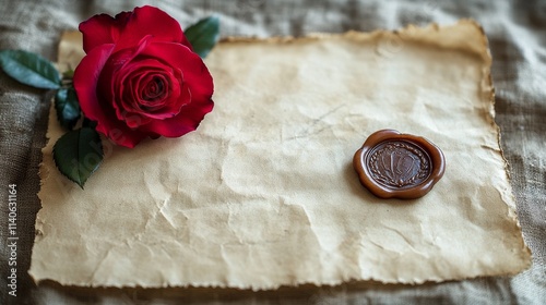 Romantic letter with red rose and wax seal on rustic wooden table