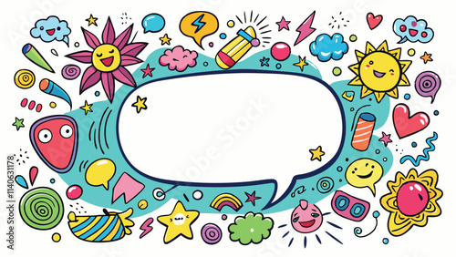 Colorful vector illustration featuring playful doodles and a blank speech bubble for creative expression and design purposes