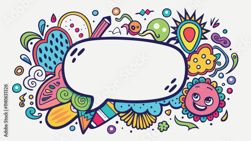 Colorful vector illustration featuring playful doodles and a blank speech bubble for creative expression and design purposes