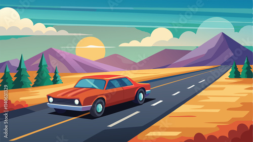 Driving through a colorful landscape with mountains, trees, and a city skyline in a vibrant vector style