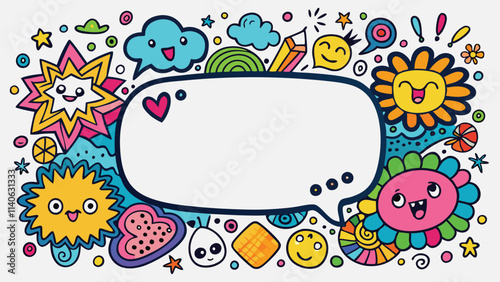 Colorful vector illustration featuring playful doodles and a blank speech bubble for creative expression and design purposes