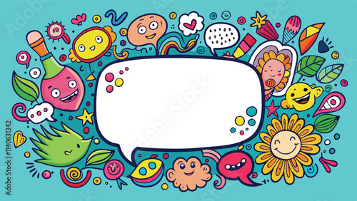 Colorful vector illustration featuring playful doodles and a blank speech bubble for creative expression and design purposes