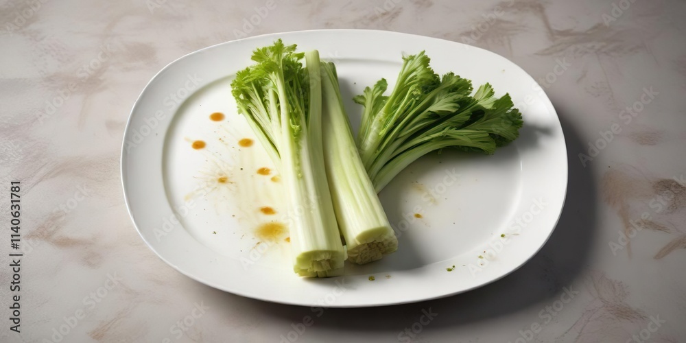 Celery with brown spots and bruises on a white plate, fruit and vegetable, plate Celery with brown spots and bruises on a white plate, fruit and vegetable, plate