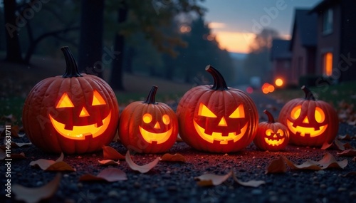 Carved jack-o-lanterns light up the darkening evening sky, lanterns, glow