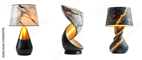 Collection of modern table lamps with marble textures and elegant designs featuring warm orange illumination. Transparent PNG.