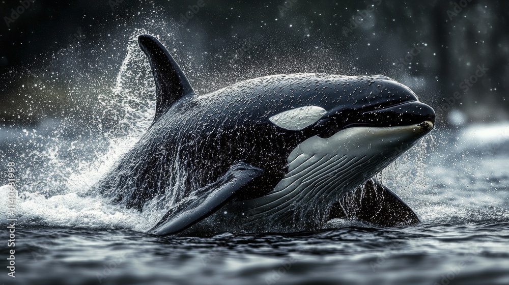 Obraz premium Orca breaching the surface in dark waters near coastal habitat during morning light