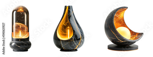 Set of modern, luxurious decorative lamps with marble texture and warm orange glow, ideal for interior design concepts. Transparent PNG.