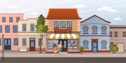 Facade of bookstore on city street. Urban landscape with buildings, apartments, road, sidewalk. Scene of two little girls reading and standing near book shop in house. Horizontal vector illustration.