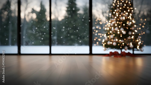 Cozy winter scene with a decorated Christmas tree and snowy landscape.