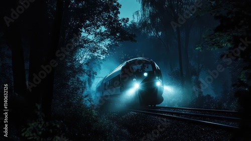 A high-speed train zipping through a dark forest at night, with the train headlights illuminating the trees and creating stark shadows