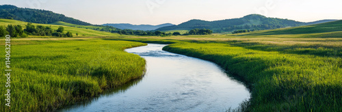 Lush green fields and winding river in serene countryside landscape