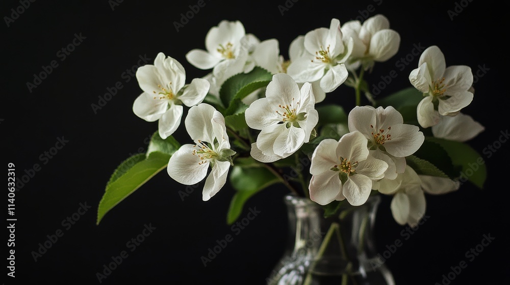 Obraz premium White flowering branches in a vase against a dark background showcasing natural beauty