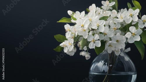 White flowering branches in a vase against a dark background showcasing natur...