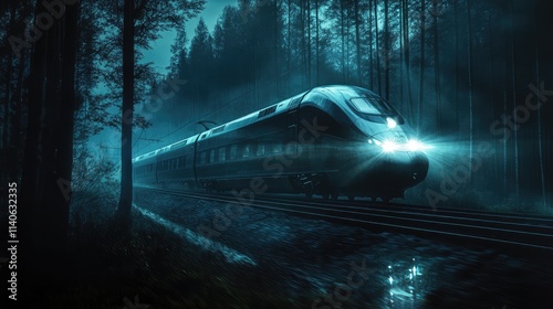 A high-speed train zipping through a dark forest at night, with the train headlights illuminating the trees and creating stark shadows
