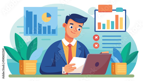 Business professional using laptop in modern workspace with charts and plants for productivity and creativity enhancement