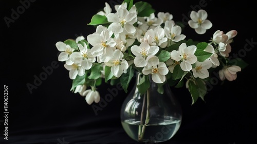White flowering branches in a vase against a dark background showcasing natur...