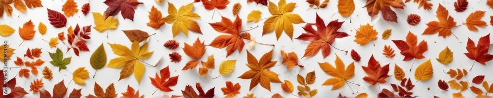 Colorful autumn leaves scattered on a pure white background, seasonal change, nature scene, golden hues