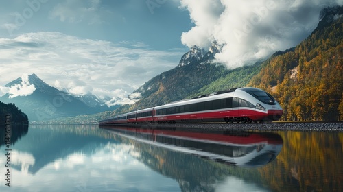 A high-speed train zooming along tracks near a lake, with its reflection on the water surface and the landscape flying