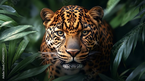 Fierce leopard hiding in lush green foliage during a quiet moment in the jungle