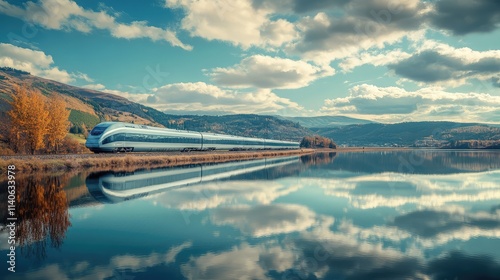 A high-speed train zooming along tracks near a lake, with its reflection on the water surface and the landscape flying