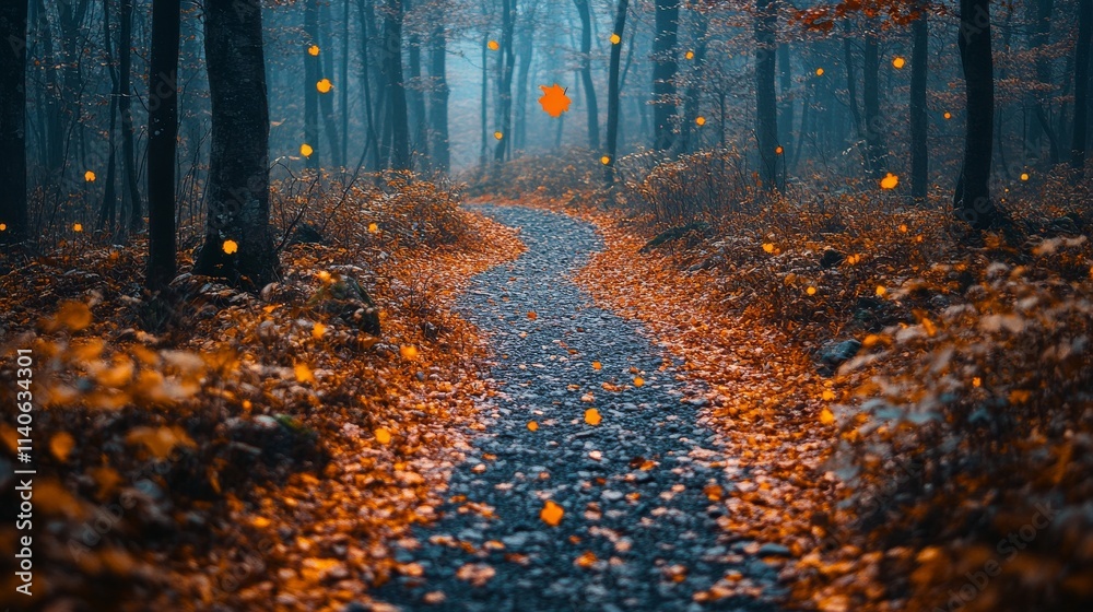 Scenic winding path through vibrant autumn forest with colorful foliage Scenic winding path through vibrant autumn forest with colorful foliage