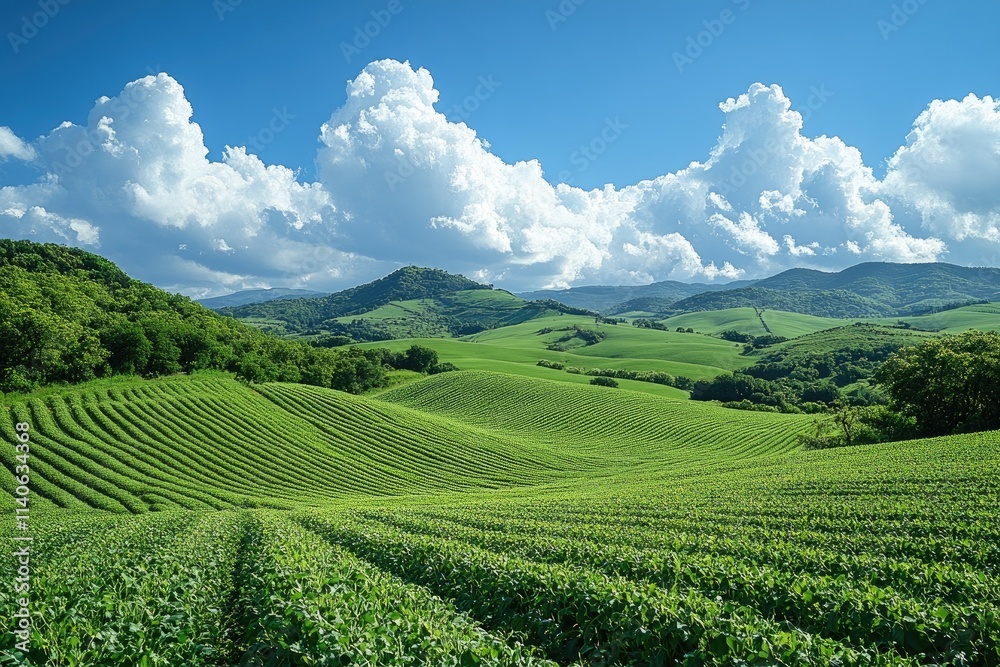 Green crop growing in rolling hills below cumulus clouds Green crop growing in rolling hills below cumulus clouds