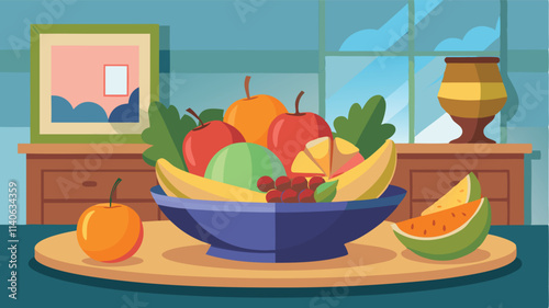 Colorful assortment of fresh fruits arranged in a bowl on a table with a bright kitchen backdrop and a sunny window