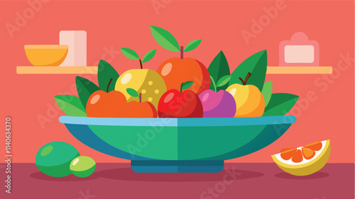 Colorful assortment of fresh fruits arranged in a bowl on a table with a bright kitchen backdrop and a sunny window