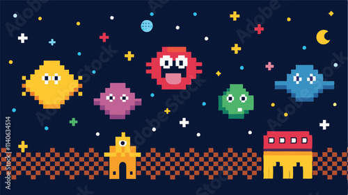 Colorful pixel art of whimsical aliens floating in a starry night sky with a city skyline backdrop