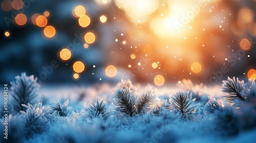 Snowflakes dance in golden sunlight over fresh green grass during winter morning