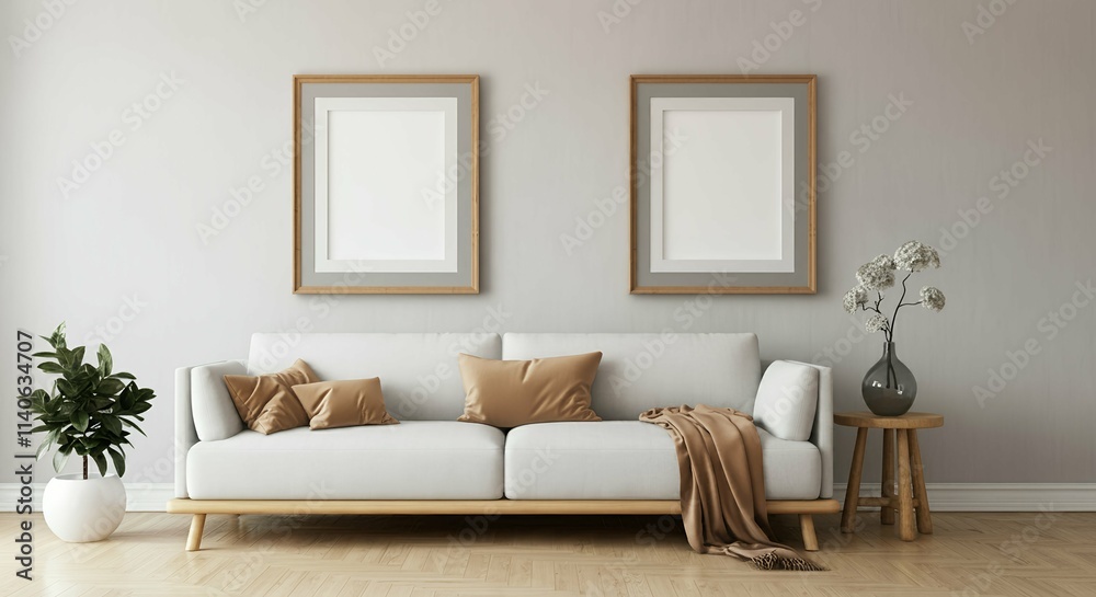A modern living room with a sofa against a wall featuring blank poster frames in wooden frame borders 3d illustration template. Empty photo frame mock-up template. A modern living room with a sofa against a wall featuring blank poster frames in wooden frame borders 3d illustration template. Empty photo frame mock-up template.