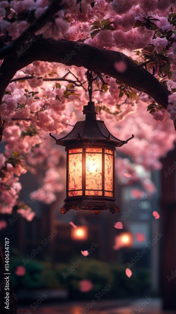 Japanese lantern hanging from cherry blossom tree at dusk Japanese lantern hanging from cherry blossom tree at dusk