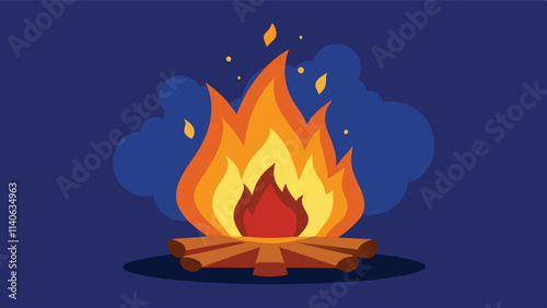 Vibrant campfire illustration surrounded by logs and grass in a nighttime setting with glowing flames and sparks