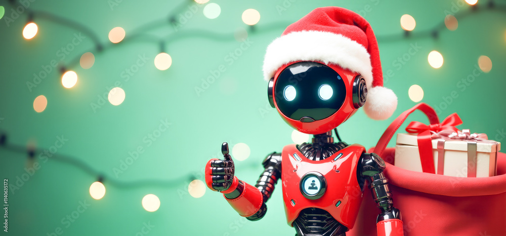 A robot in a Santa Claus hat thumbs up with a bag of gifts on a Christmas background A robot in a Santa Claus hat thumbs up with a bag of gifts on a Christmas background
