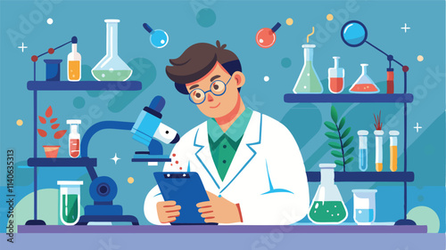 Scientist conducting research in a colorful laboratory filled with glassware, plants, and a microscope