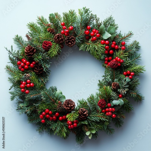 Holiday wreath adorned with pine cones and red berries for seasonal decoration