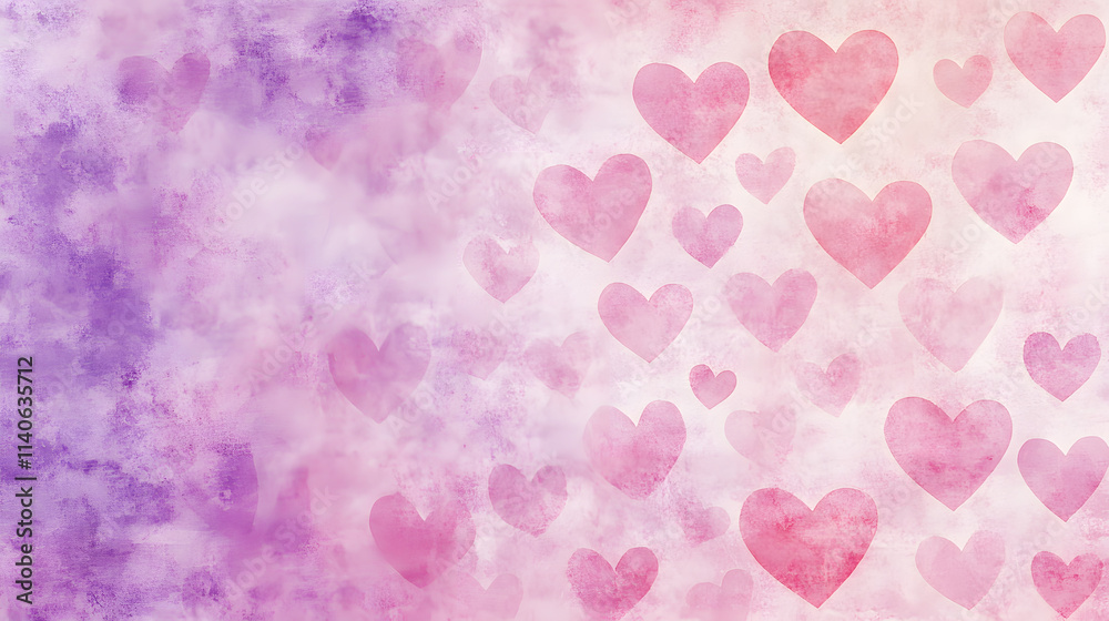 Soft pastel watercolor background with heart-shaped patterns in pink and purple for Valentine's Day