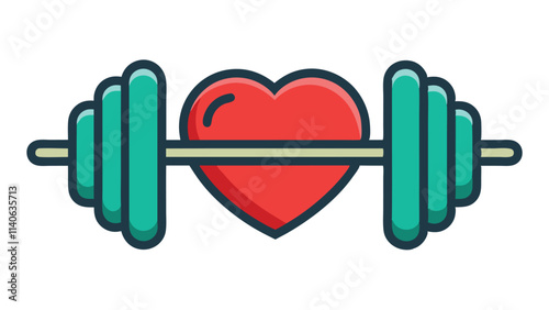 Fitness and health concept showing a heart between dumbbells representing strength training and cardiovascular well-being in a vibrant vector design