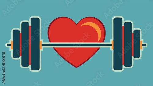 Fitness and health concept showing a heart between dumbbells representing strength training and cardiovascular well-being in a vibrant vector design