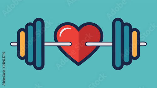 Fitness and health concept showing a heart between dumbbells representing strength training and cardiovascular well-being in a vibrant vector design