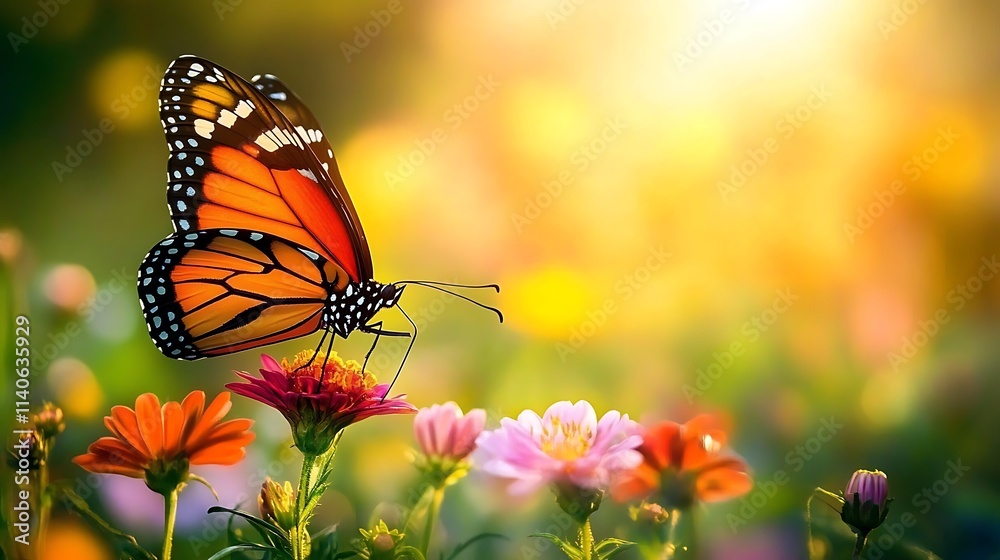 Obraz premium A Butterfly Perched on a Colorful Flower in a Sunlit Meadow with Dreamy Lighting