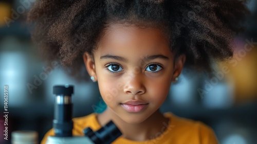 Young girl explores science with a microscope in a vibrant learning environment