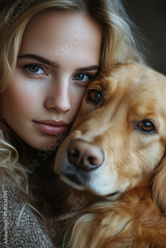 Warm embrace shared between a young woman and her golden retriever in a cozy ...