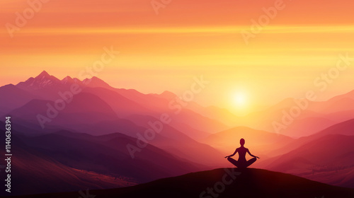 Silhouette meditates at sunrise over tranquil mountainscape.
