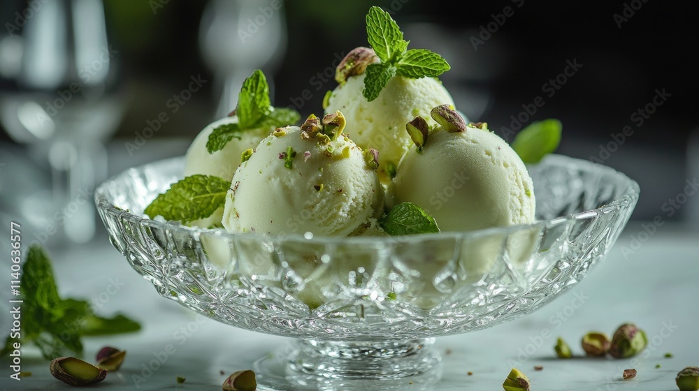 Pistachio ice cream scoops with fresh mint and pistachios in crystal bowl Pistachio ice cream scoops with fresh mint and pistachios in crystal bowl