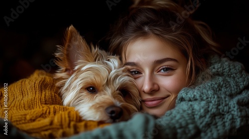 Young woman enjoys cozy moment with her dog wrapped in warm blankets indoors